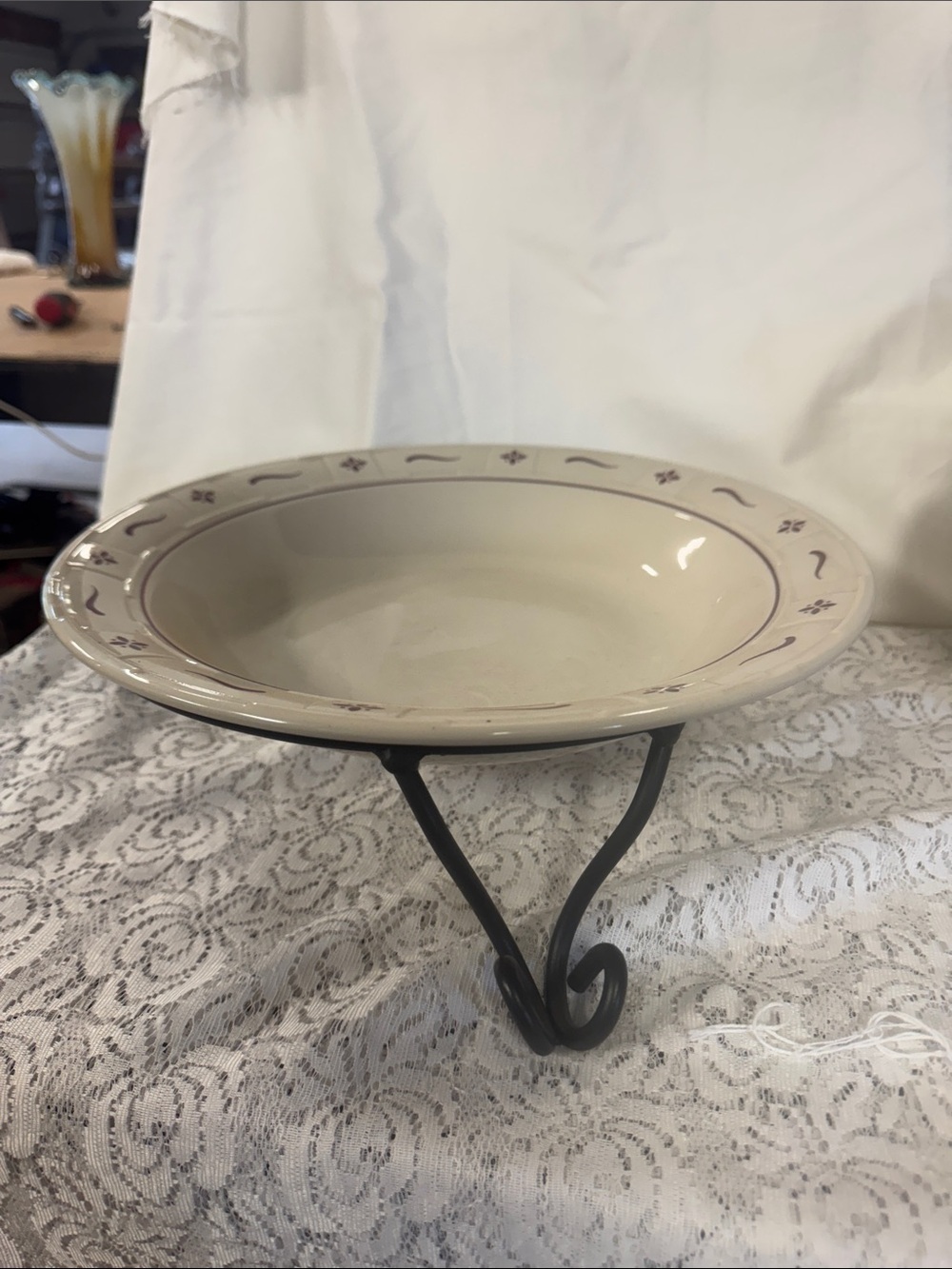 Longaberger 12in. Red Traditional Serving Bowl with Wrought Iron Stand